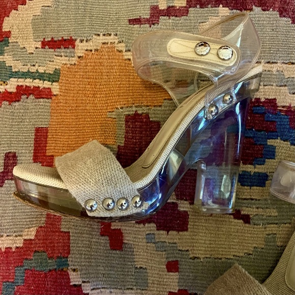PRADA SP10 Clear PVC Platform Heels Beige Burlap Raffia Strap, sz 38.5 - Picture 7 of 13